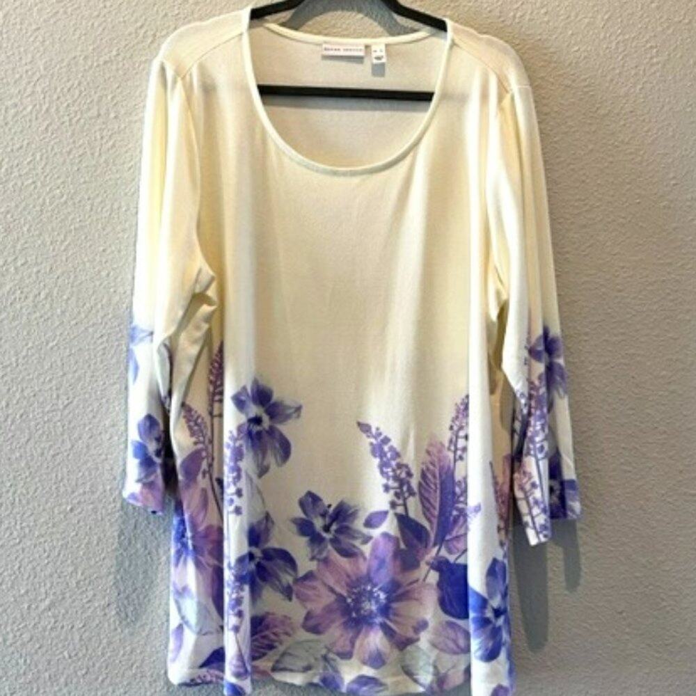 Susan Graver XL Purple Floral Sweater Knit Tunic Cream 3/4 Sleeve Soft Top - Picture 2 of 6